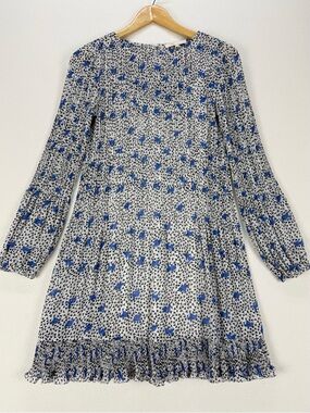 Maje Pleated Mini Dress Blue Floral Smocked Romantic French Girl Boho Size 34